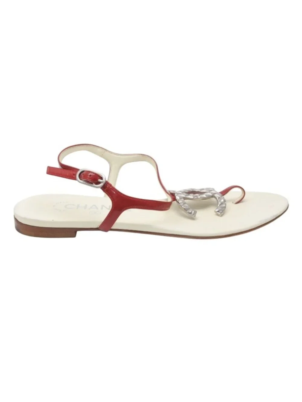 Chanel Thong Sandals CC Logo Patent Leather Red Ivory